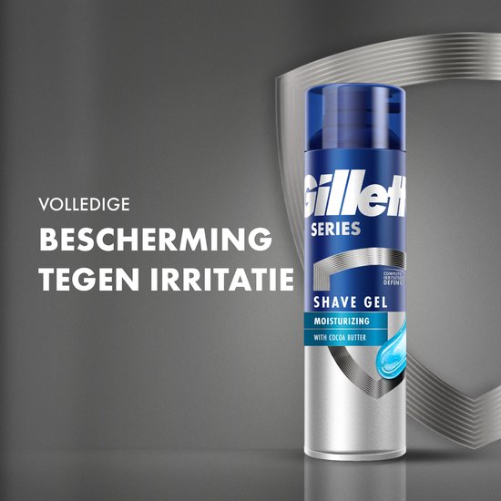 Bus Gillette Series vochtinbrengende scheergel met cacaoboter, met schild-iconen. "Volledige bescherming tegen irritatie".