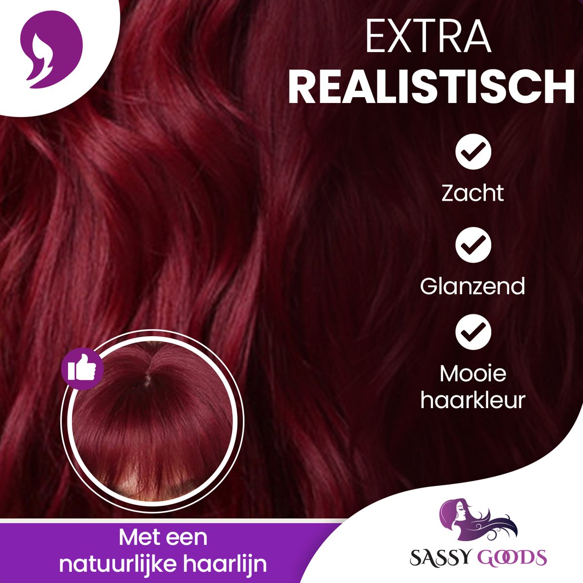 SassyGoods Rode Pruik - Pruiken Dames Lang Haar met Pony - Wig - Haarwerk - Wasbaar - Wijn Rood - 70 cm — afbeelding 5