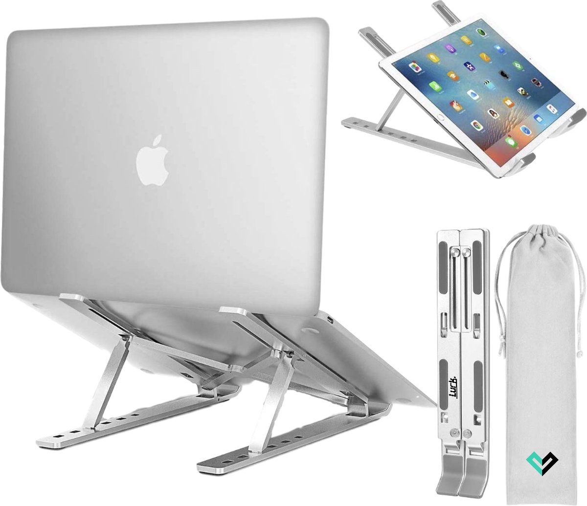 LURK® Laptop Standaard - Aluminium Laptop Verhoger - Verstelbaar en Opvouwbaar - Ergonomisch - 6 Instelhoeken - grijs - Lurk