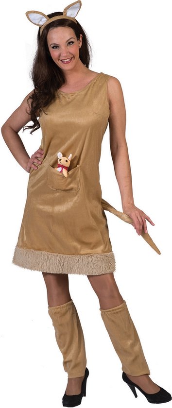 Pierros - Kangoeroe Kostuum - Kangoeroe - Vrouw - Bruin, Wit / Beige - Maat 36-38 - Carnavalskleding - Verkleedkleding