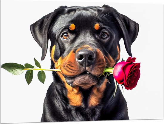 Acrylglas - Romantische Rottweiler Hond met Roos tegen Witte Achtegrond - 100x75 cm Foto op Acrylglas (Met Ophangsysteem)