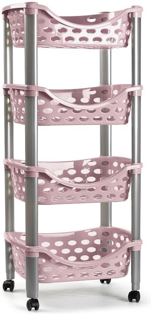 PlasticForte Keukentrolley/roltafel - 4-laags - kunststof - roze - 40 x 88 cm