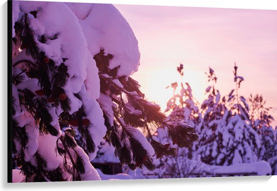 Canvas - Rij Bomen met Dikke Laag Sneeuw tijdens de Avondzon - 120x80 cm Foto op Canvas Schilderij (Wanddecoratie op Canvas)