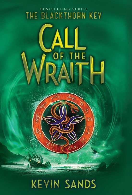 Boekcover van 'Call of the Wraith'. Groene, wervelende achtergrond met een pentagram en slang in het midden.
