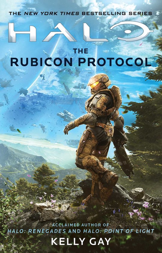 Le livre Halo: The Rubicon Protocol présente un Master Chief en armure de combat, avec des vaisseaux spatiaux et une planète au loin.