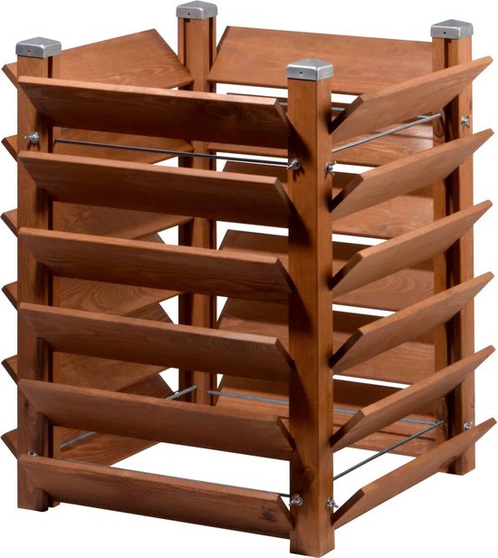 Lege houten plantenbak met schuine bladvormige vakken en metalen hoeken.