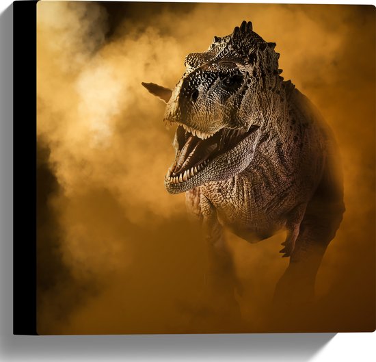 Canvas - Angstaanjagend T-rex Dinosaurs vanuit Oranje Mist - 30x30 cm Foto op Canvas Schilderij (Wanddecoratie op Canvas)