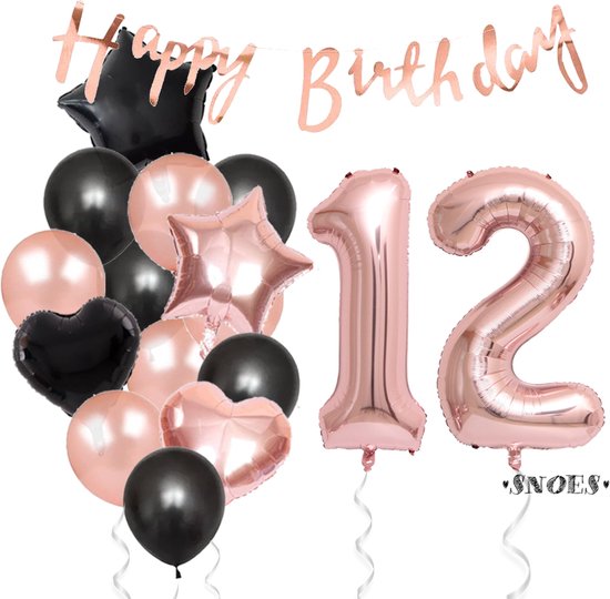 Snoes Ballonnen 12 Jaar Feestpakket – Versiering – Verjaardag Set Liva Rose Cijferballon 12 Jaar -Heliumballon