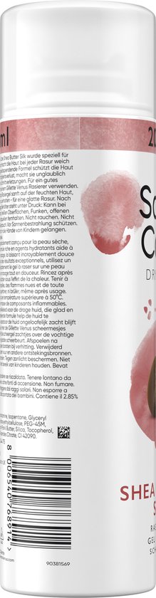 Achterkant van de fles scheergel voor de droge huid met karitéboter, 200ml.