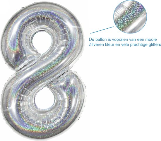 Zilveren folieballon in de vorm van het cijfer 8, met glitters. Afmeting: 86 cm.