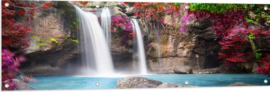 Tuinposter – Groepje Stenen in het Water bij Waterval met Rode en Roze Planten - 150x50 cm Foto op Tuinposter (wanddecoratie voor buiten en binnen)