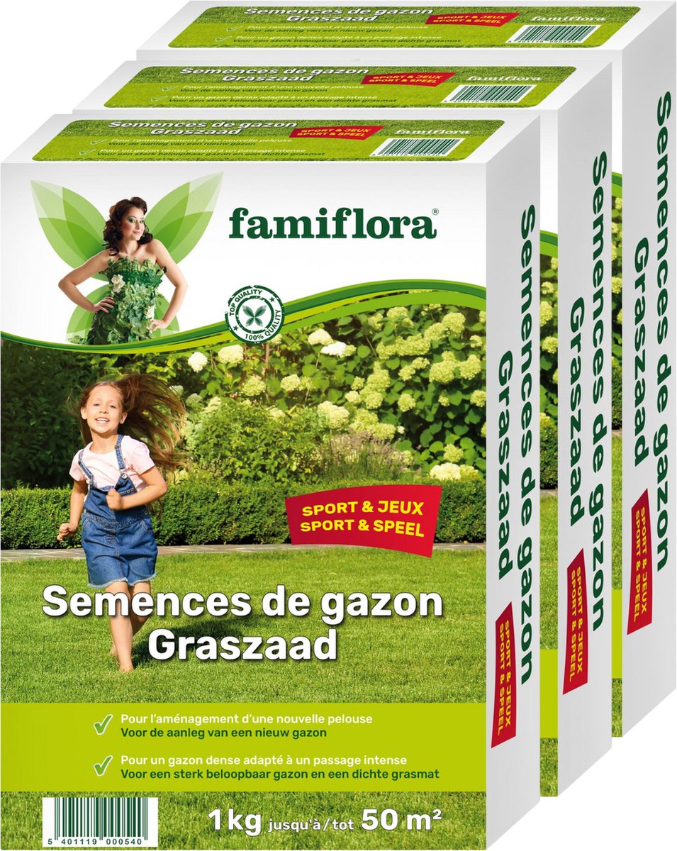 Famiflora Graszaad Speel & Sport - Sterk Graszaad voor Speelgazon en Sportgazon - 3 x 1kg voor 150m² - Met Coating - Famiflora