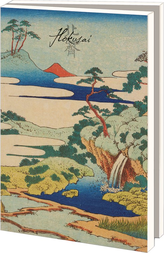 Wenskaart met Hokusai's landschap van Mt. Fuji met waterval, bomen en rivier.