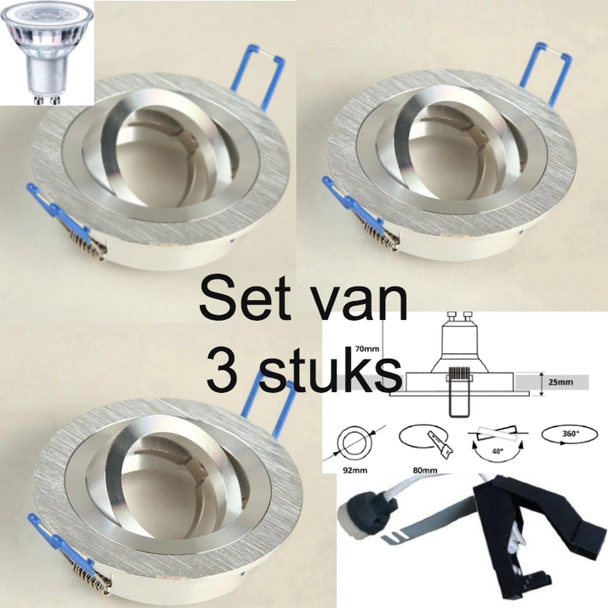 Inbouwspots aluminium met ledlamp set van 3 stuks 230 Volt - Led inbouwspot rond. Verstelbaar met dimbare ledlamp kleur 3000K - 230Volt inbouwspot met GU10 ledlamp 3000K.