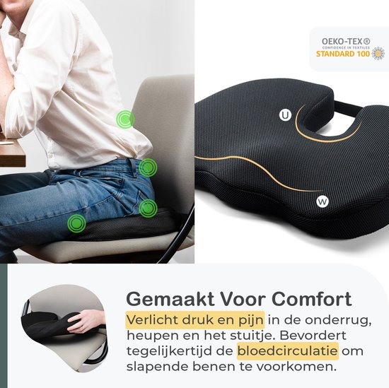 Een man zit op een stoel met een zwart zitkussen en diagrammen die de drukverlichting tonen.
