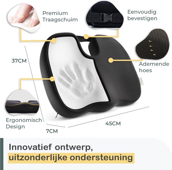 Zwart ergonomisch zitkussen van traagschuim, met gedetailleerde afbeeldingen van de kenmerken.