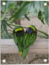 Tuinposter – Twee Groene Volgels in Hartvorm op een Stok - 30x40 cm Foto op Tuinposter (wanddecoratie voor buiten en binnen)