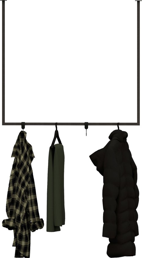 Porte-manteau suspendu TULUM 100cm (barre carrée) - y compris 10x crochets en S en cuir - HOYA Living (porte-manteau de plafond en acier noir - porte-plafond - porte-serviettes - porte-vêtements - patères - crochets en S)