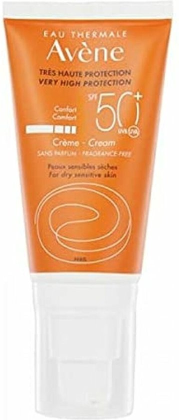 Oranje Avene zonnebrandcrème tube met SPF 50+, voor droge gevoelige huid.