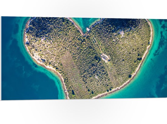 PVC Schuimplaat- Bovenaanzicht van Hartvormig Onbewoond Eiland in Tropische Zee - 100x50 cm Foto op PVC Schuimplaat