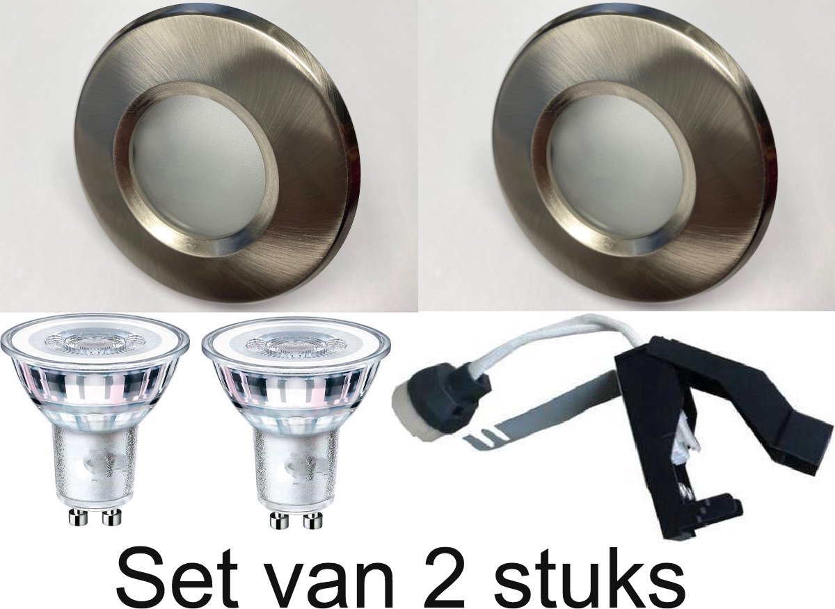 Badkamer LED Inbouwspot – Set van 2 – Geborsteld Nikkel – Philips GU10 Dimbaar – 3000K Warm Wit – IP65