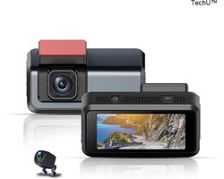 TechU™ Dashcam Camera – M45 Zwart – Dashboardcamera met Achteruitrijcamera – 3 inch Beeldscherm Full HD 1080P – 140° Wijdhoeklens – G-sensor – Loop recording – Bewegingssensor – Parkeermodus – Voor Auto