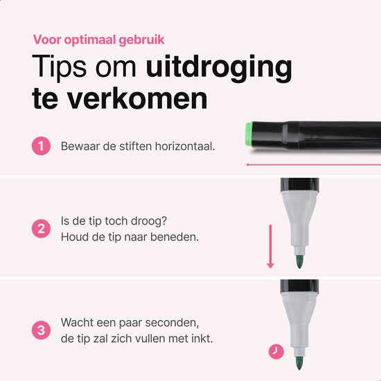 Instructies voor Vivid Green markers: bewaar horizontaal, houd de tip naar beneden als deze droog is.