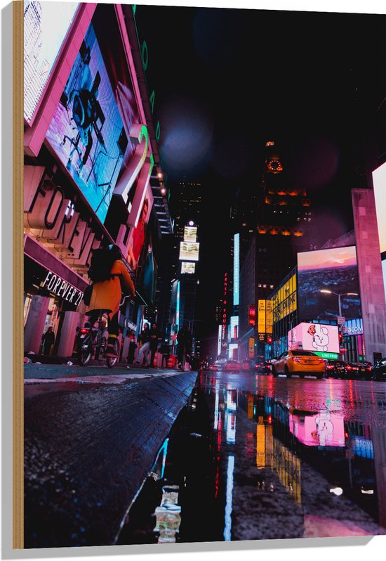 Hout - Plein Times Square in Nacht - 60x90 cm - 9 mm dik - Foto op Hout (Met Ophangsysteem)