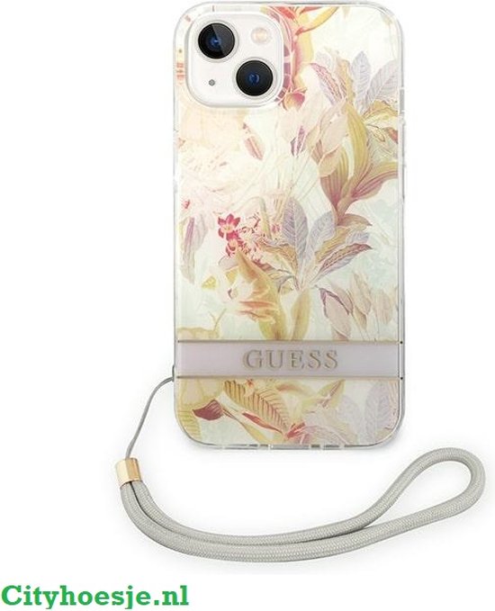 Guess Apple iPhone 14 Plus Hard Case Purple Flower Strap | bol