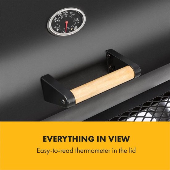 Klarstein Beef Brisket Smoker Grill - Houtskoolgrill/rookoven, roestvrijstalen grillroosters, thermometer in deksel, 2 grote wielen, optimale warmtebehoud, zwart van Klarstein — afbeelding 3
