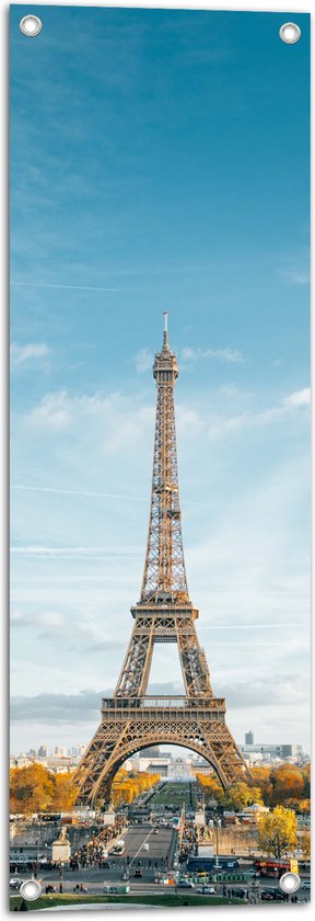 Tuinposter – Eiffeltoren in Parijs onder Lichte Bewolking - 30x90 cm Foto op Tuinposter (wanddecoratie voor buiten en binnen)