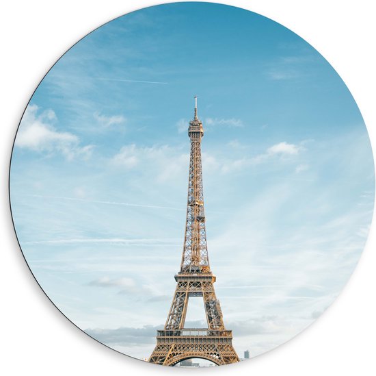 Dibond Muurcirkel - Eiffeltoren in Parijs onder Lichte Bewolking - 80x80 cm Foto op Aluminium Muurcirkel (met ophangsysteem)
