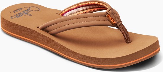 Cognacbruine Reef slipper met beige en oranje strepen in de bandjes.