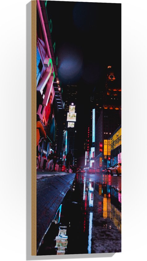 Hout - Plein Times Square in Nacht - 30x90 cm - 9 mm dik - Foto op Hout (Met Ophangsysteem)