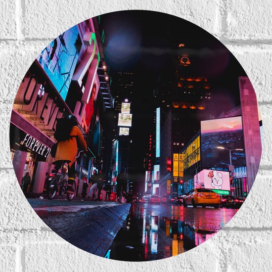 Muursticker Cirkel - Plein Times Square in Nacht - 30x30 cm Foto op Muursticker