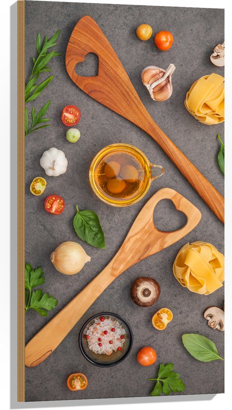 Hout - Houten Lepels tussen Italiaanse Pasta Ingrediënten - 50x100 cm - 9 mm dik - Foto op Hout (Met Ophangsysteem)