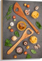 Hout - Houten Lepels tussen Italiaanse Pasta Ingrediënten - 60x90 cm - 9 mm dik - Foto op Hout (Met Ophangsysteem)