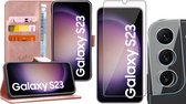Hoesje geschikt voor Samsung Galaxy S23 - Screenprotector GlassGuard & Camera Lens Screen Protector - Book Case Leer Pasjeshouder Roségoud