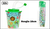12x Herbuikbare Drink bekers Jungle 250ml met deksel en rietje -Jungle dieren - Drinken sap limonade fris fun