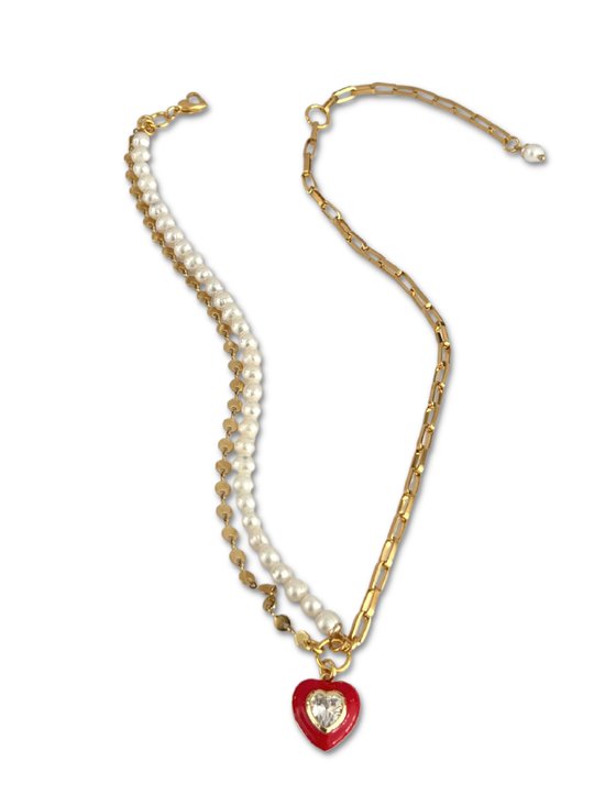 Zatthu Jewelry - N22FW569 - Juud zirkonia hart ketting rood met parels