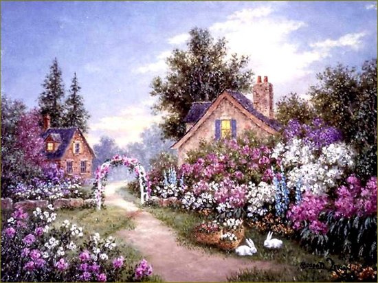 Un paysage charmant avec des fleurs roses, violettes et blanches épanouies, deux lapins et deux maisons.