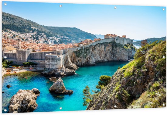 Tuinposter – Baai bij Rotsen op Zomerse Dag in Dubrovnik, Kroatië - 150x100 cm Foto op Tuinposter (wanddecoratie voor buiten en binnen)