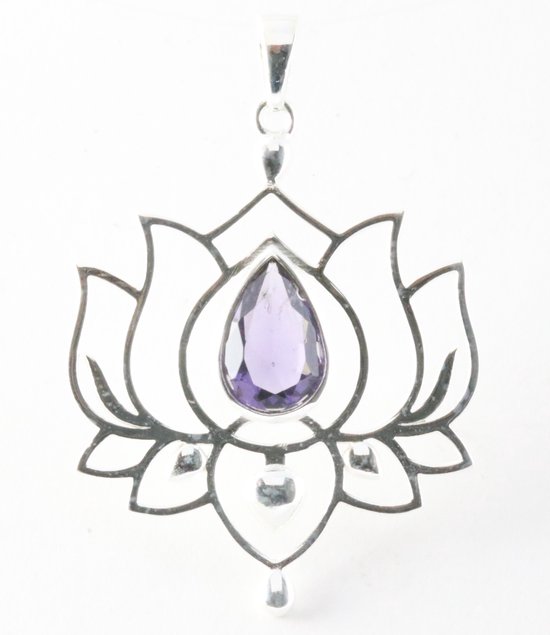Opengewerkte zilveren lotus hanger met amethist