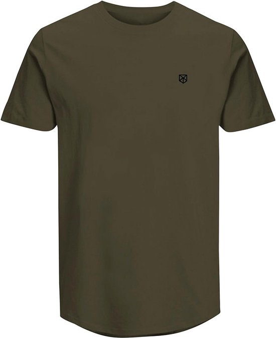 Olijfgroen t-shirt met kleine zwarte logoprint op de borst.