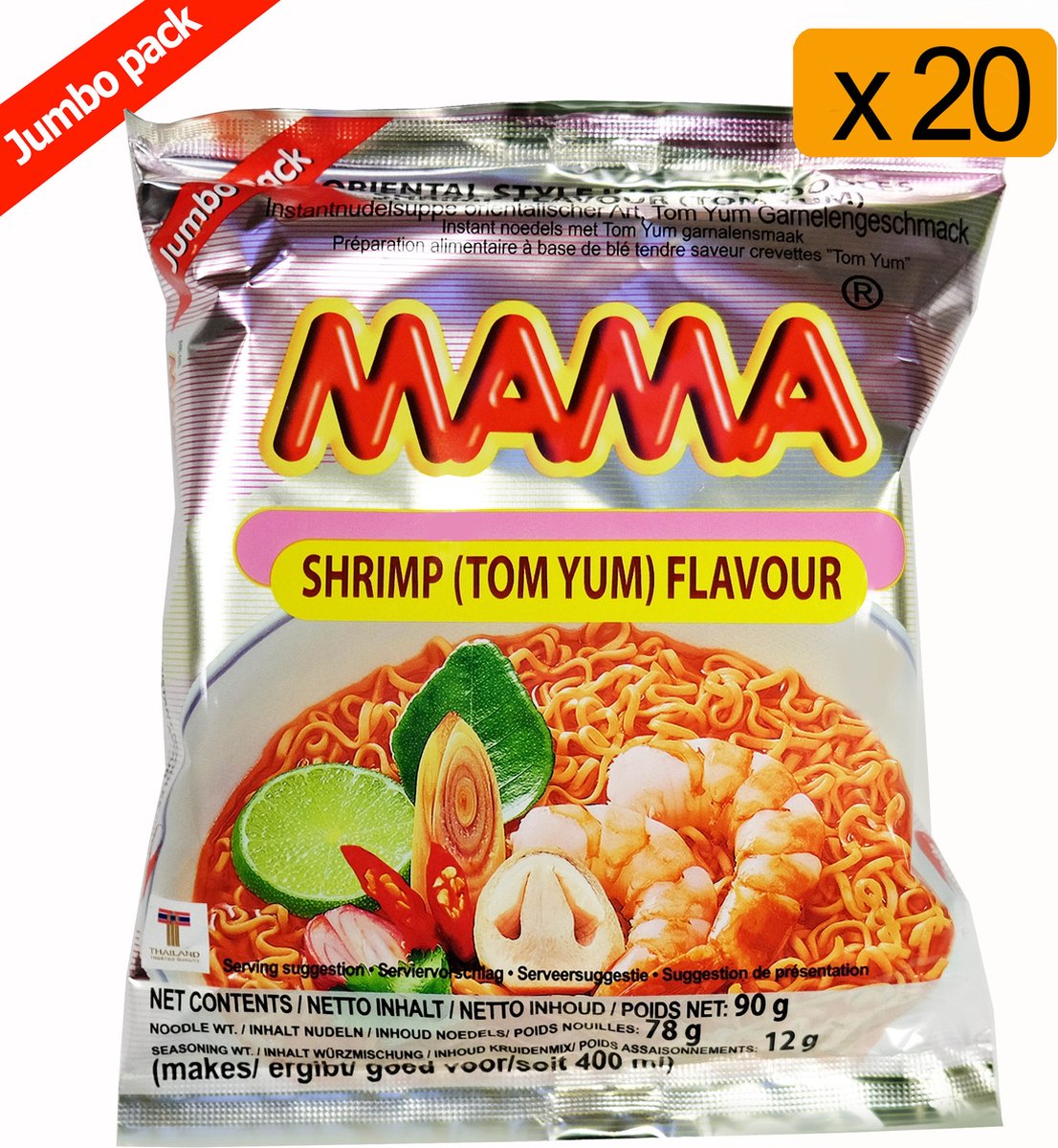 Mama Tom Yum Shrimp Instant Noodle -Jumbo Pack 20x90g- Pikante Noedels Tom Yum 20x90gram