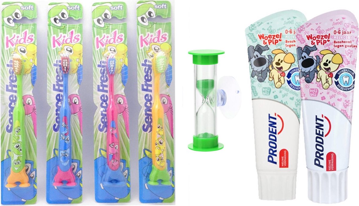 Sencefresh Tandenborstel - Soft Kids 4 stuks + 2 Prodent Woezel & Pip 0-6 jaar tandpasta