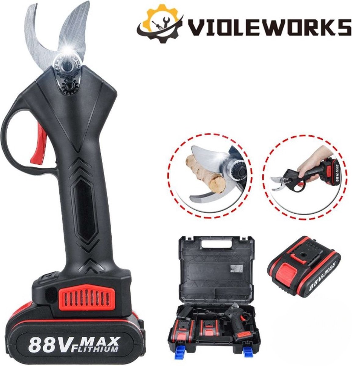 Violeworks Elektrische Snoeischaar – Metaal – Draadloos – 500W – Zwart/Rood
