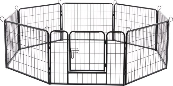 ACAZA Hondenren in 8 panelen - Hondenkennel - Set van Kennelpanelen - Puppyren - Opvouwbaar - Met deur - 60 cm hoogte - Zwart