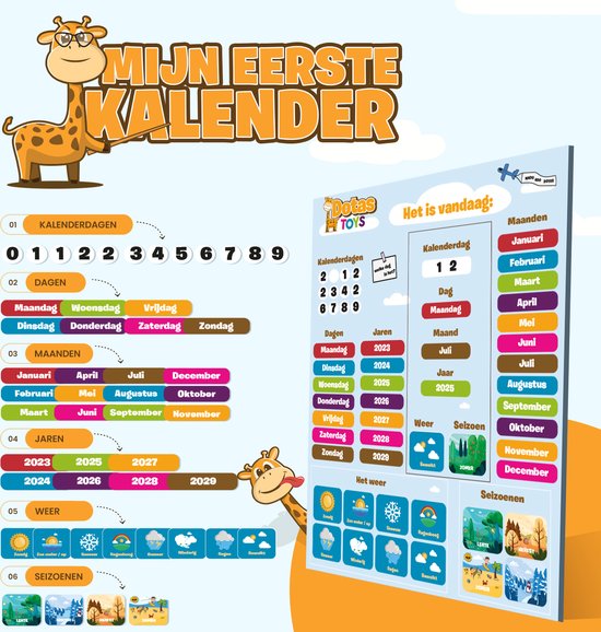Magnetische kalender met illustraties voor dagen, maanden, jaren, weer en seizoenen.