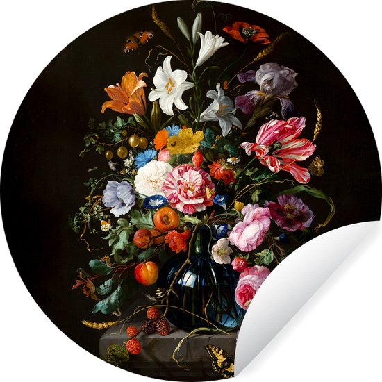 WallCircle - Muurstickers - Behangcirkel - Oude meesters - Kunst - Vaas met bloemen - Jan Davidsz de Heem - 80x80 cm - Muurcirkel - Zelfklevend - Ronde Behangsticker